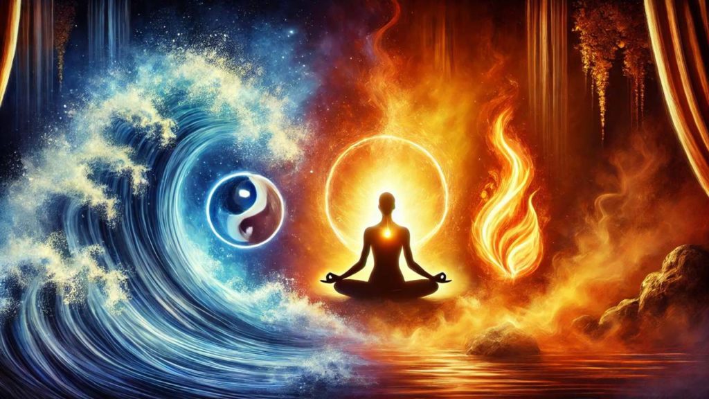 illustration artistique représentant le dosha Pitta, symbolisant transformation et équilibre entre les éléments feu et eau.